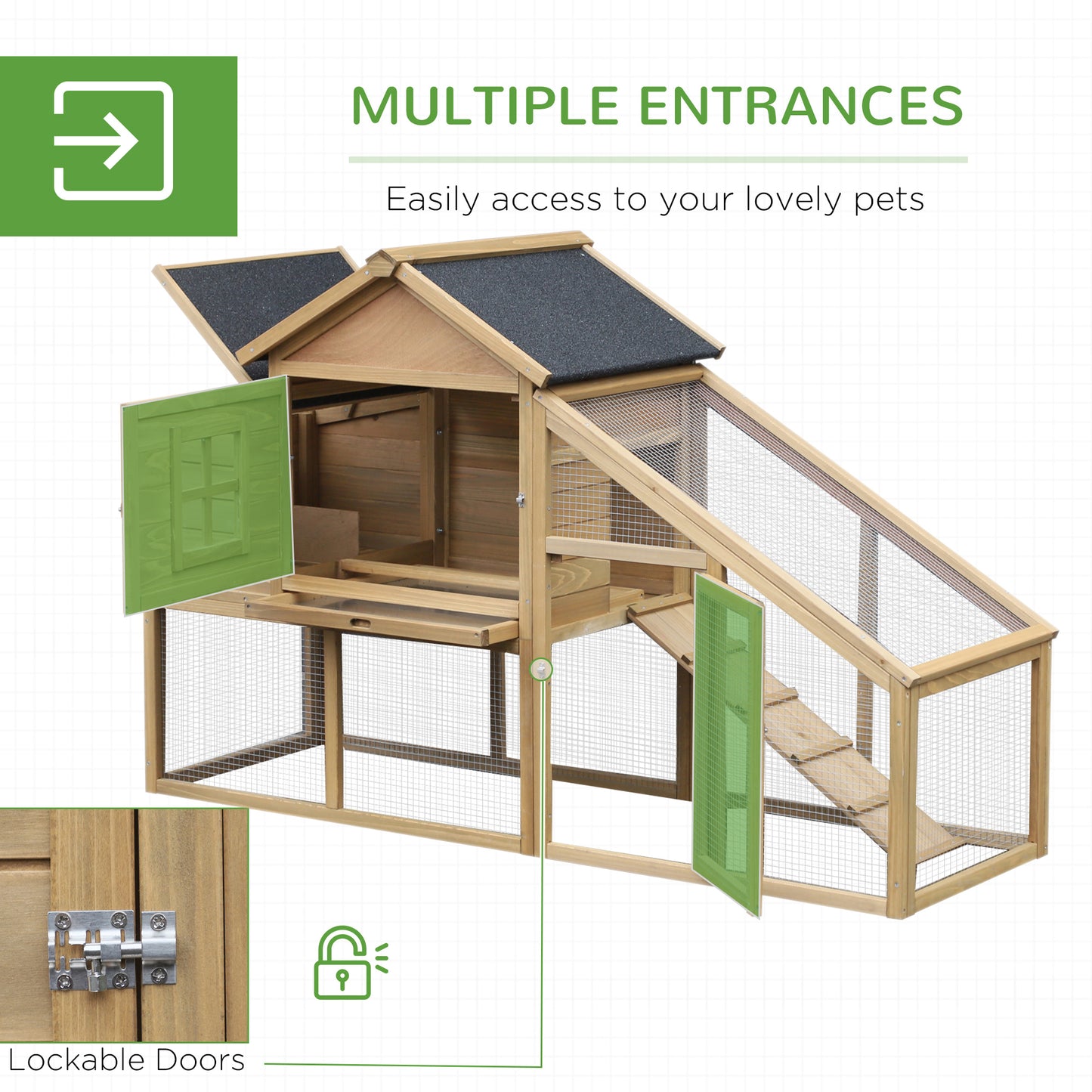 PawHut Chicken Coop, Hen House, Wooden Poultry Habitat with Outdoor Run, Nesting Box, Slide Out Tray, Lockable Doors, 176 x 66 x 110cm, Natural