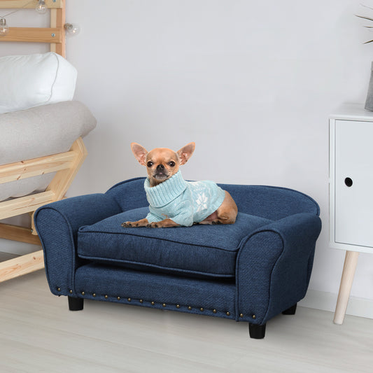 PawHut Dog Sofa for Small Dogs, Pet Chair Couch with Thick Sponge Padded Cushion, Kitten Lounge Bed with Washable Cover, Wooden Frame - Blue