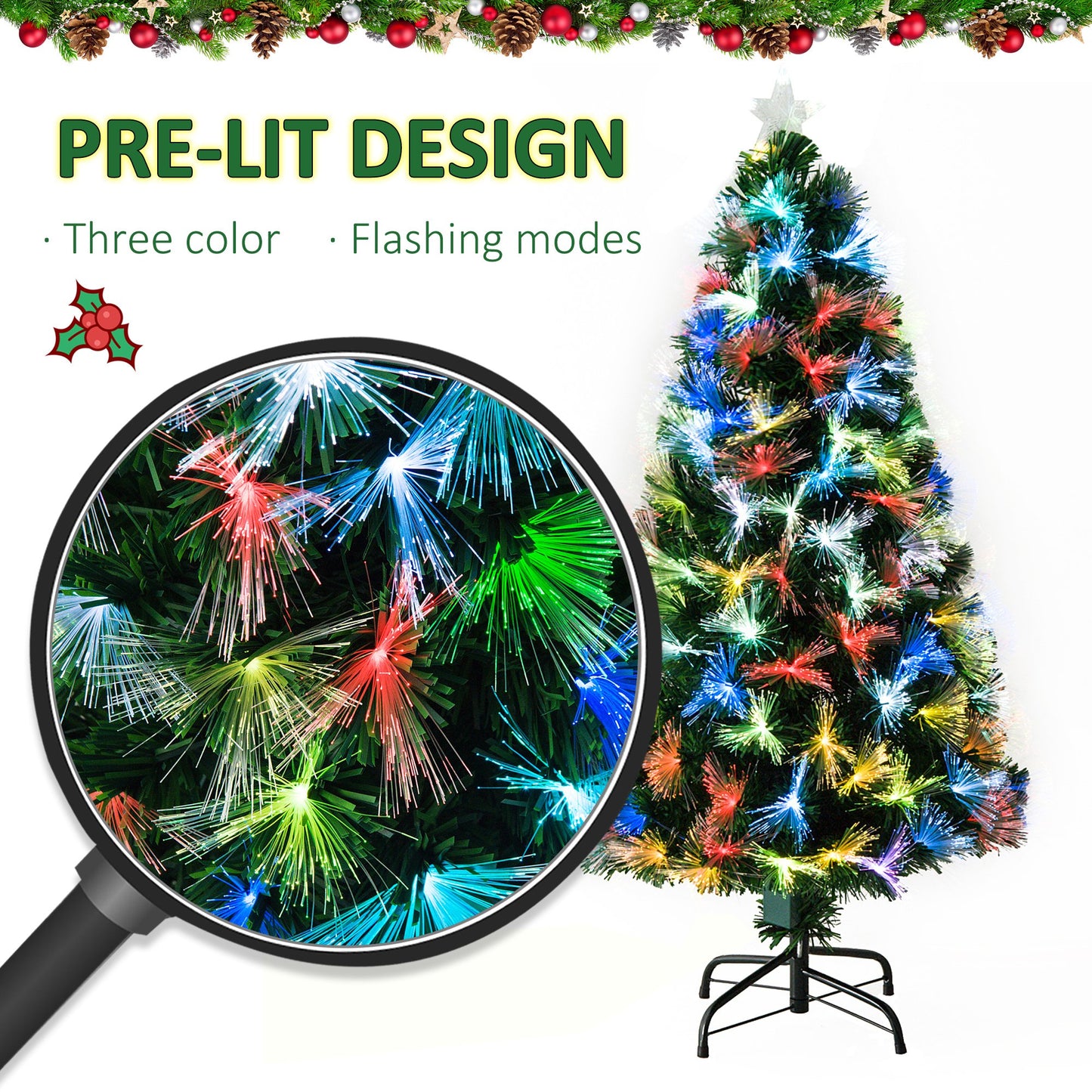 HOMCOM 1.5m Pre-Lit Artificial Christmas Tree Green