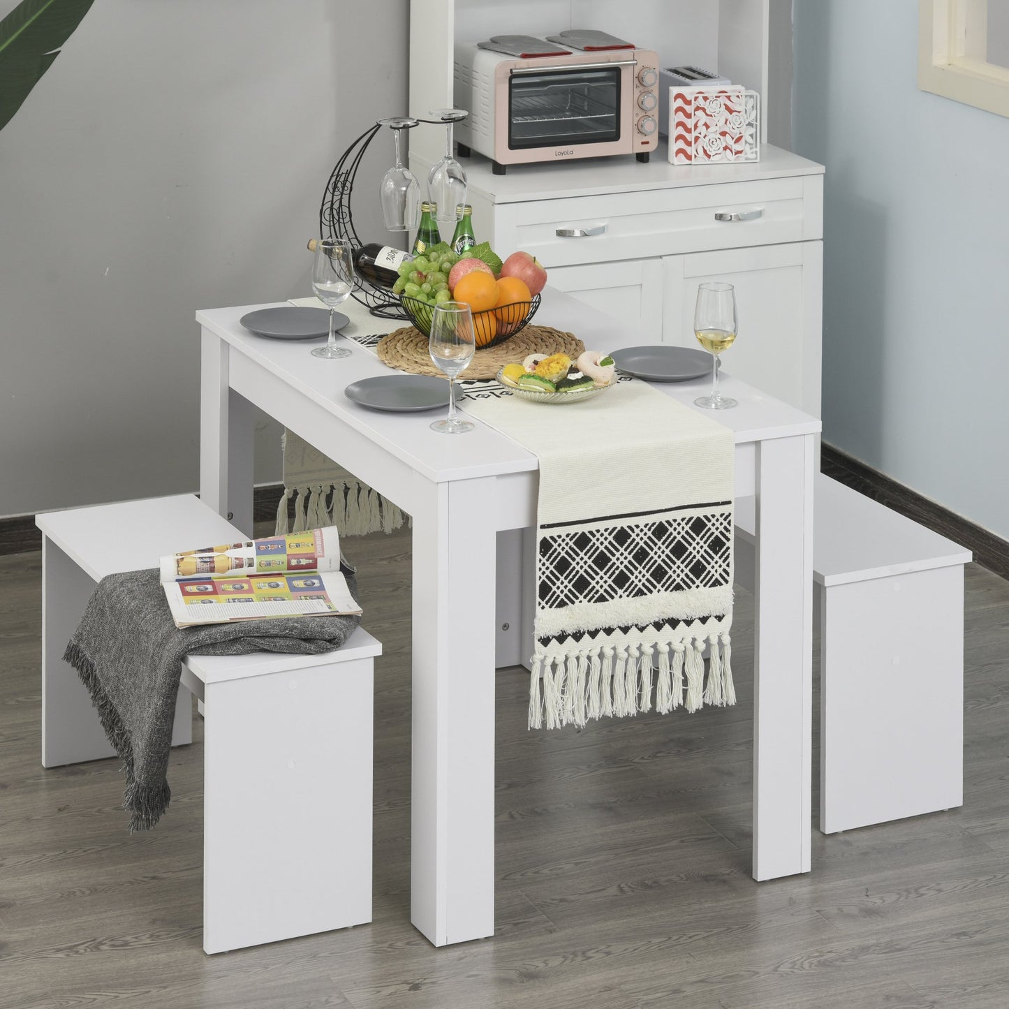 HOMCOM Particle Board 3-Piece Dining Set Dining Table with Benches White