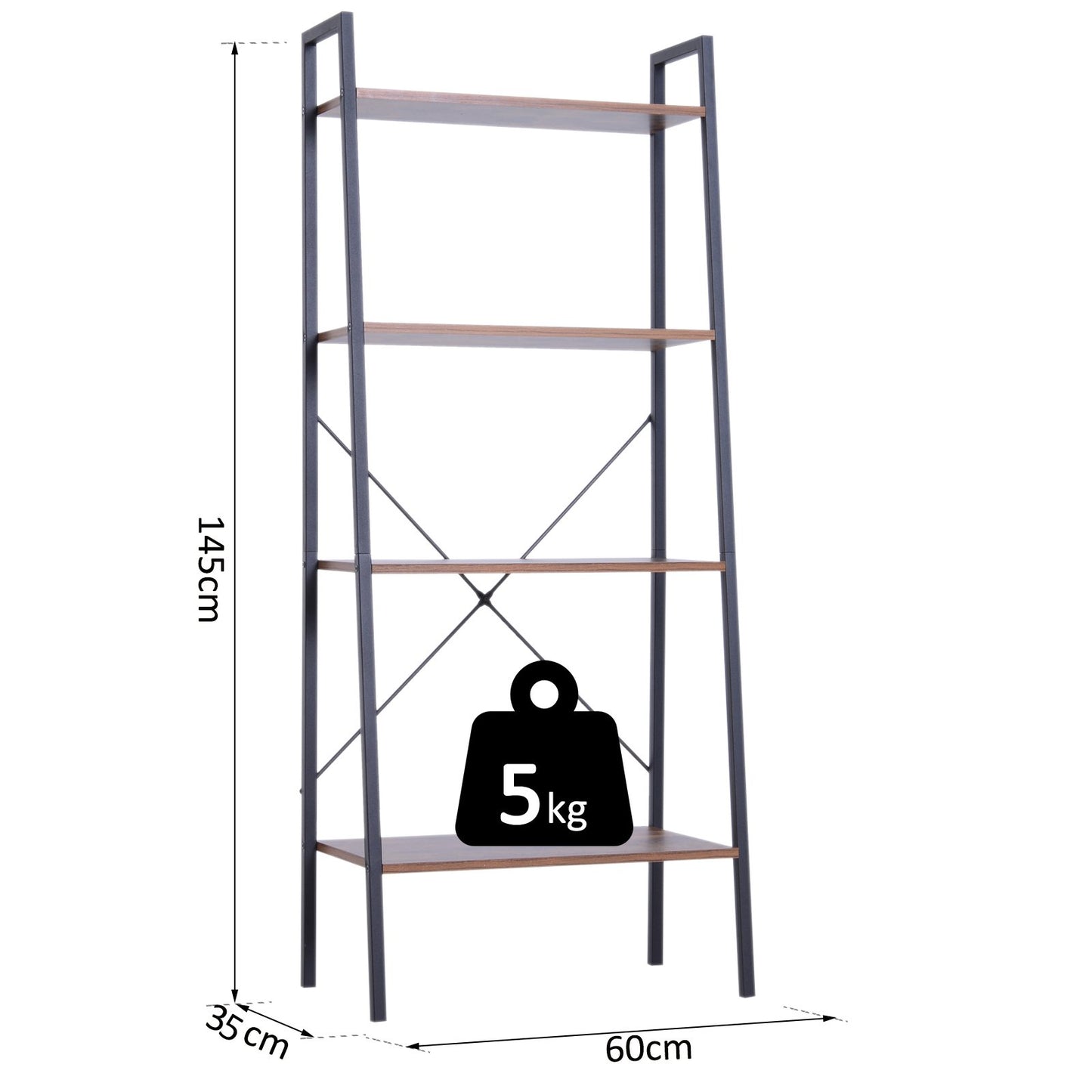 HOMCOM 4-Tier Storage Rack, 60Lx35Wx145H cm, MDF, Steel-Black/Wood Colour