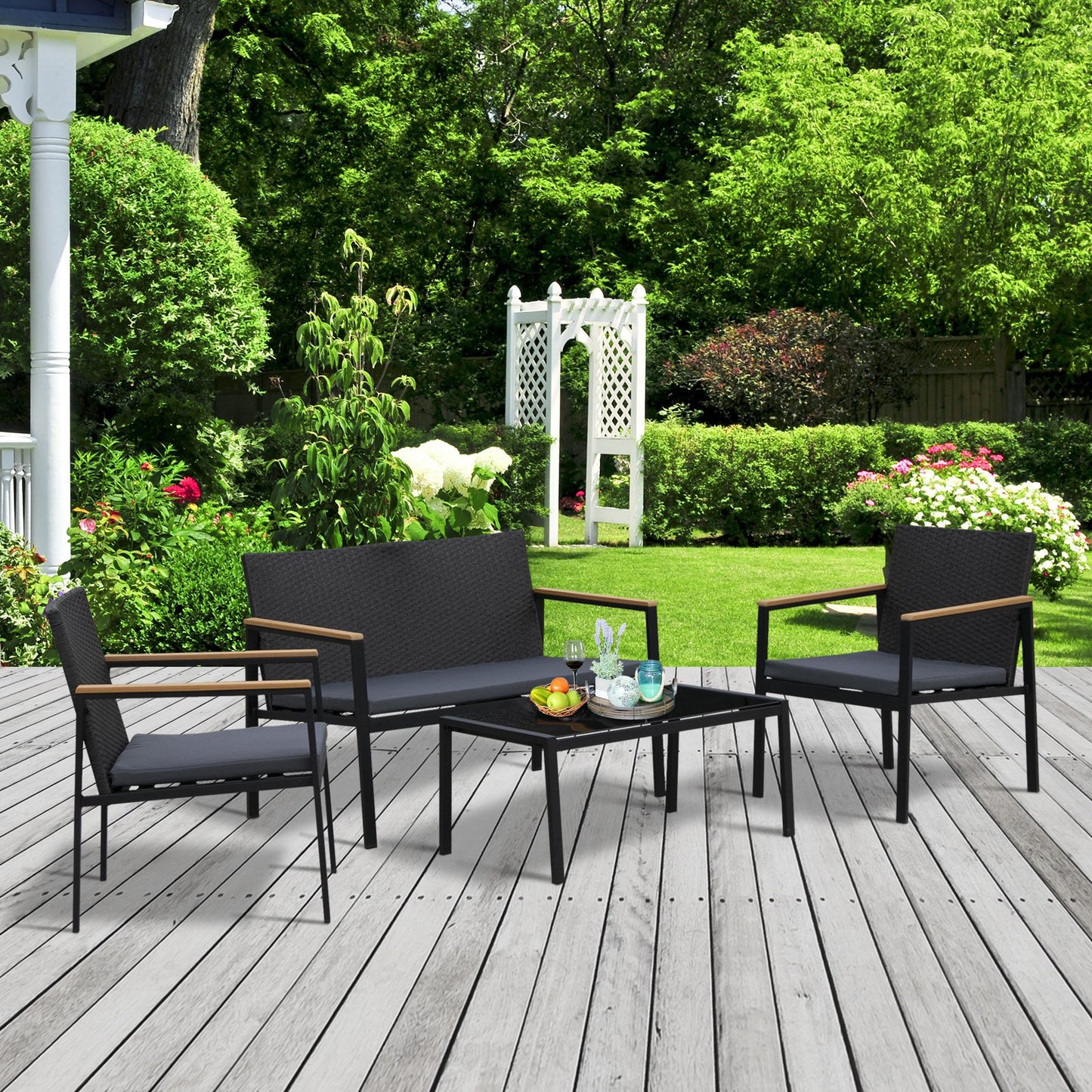 Outsunny 4-Seater Outdoor PE Rattan Table and Chairs Set Black