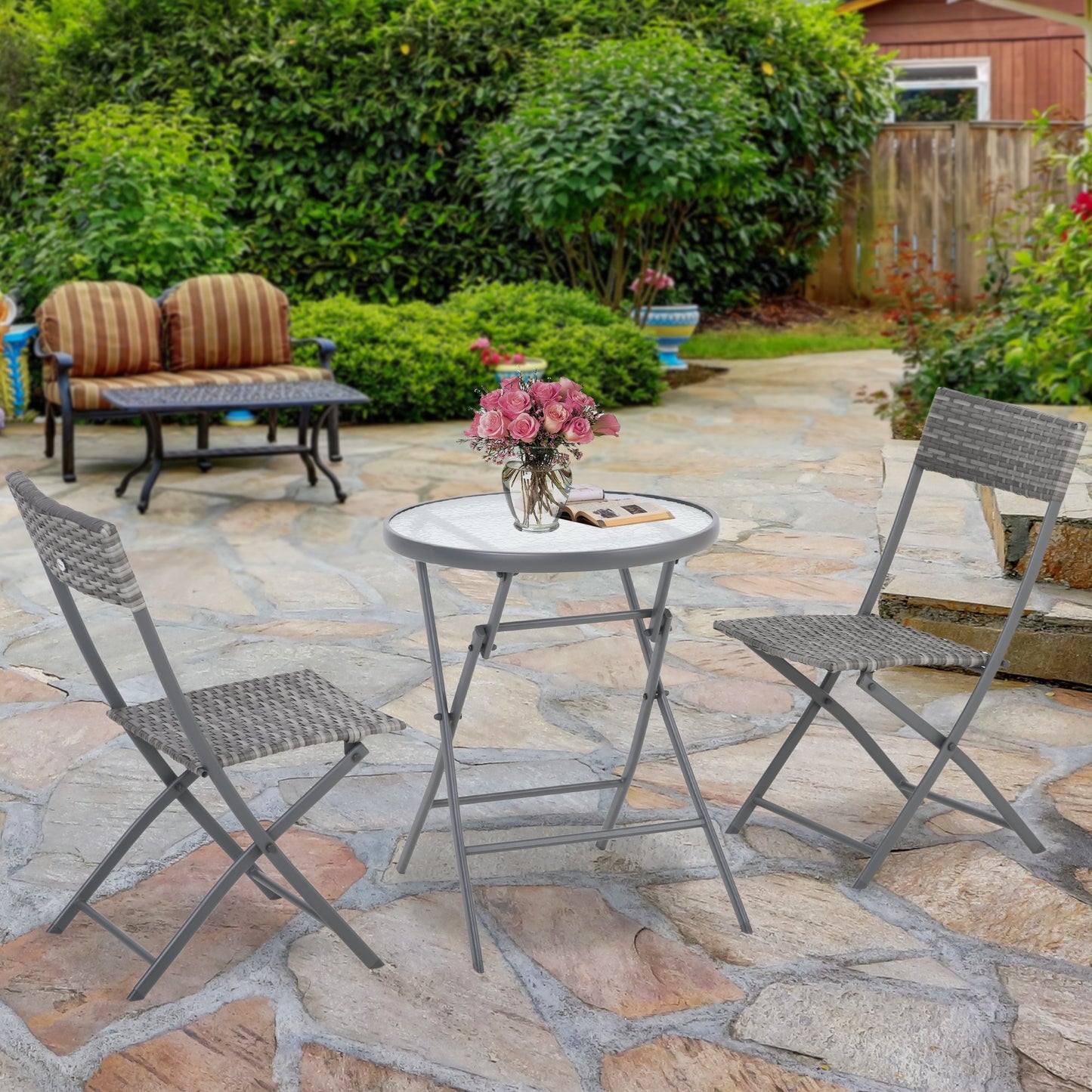 Outsunny 3 PCs Patio Wicker Bistro Set Foldable Table and Chair Set for Outdoor Yard