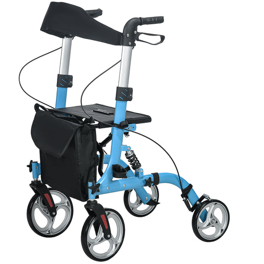 HOMCOM 4 Wheel Rollator with Seat and Back Lightweight Folding Mobility Walker with Large Wheels Carry Bag Adjustable Height Aluminium Walking Frame with Dual Brakes for Seniors Blue