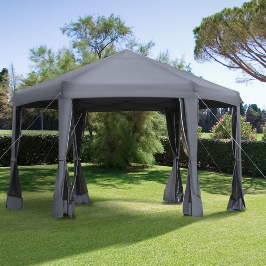 Outsunny 3.2m Pop Up Gazebo Hexagonal Canopy Tent Outdoor Mesh Sidewalls Bag Dark Grey