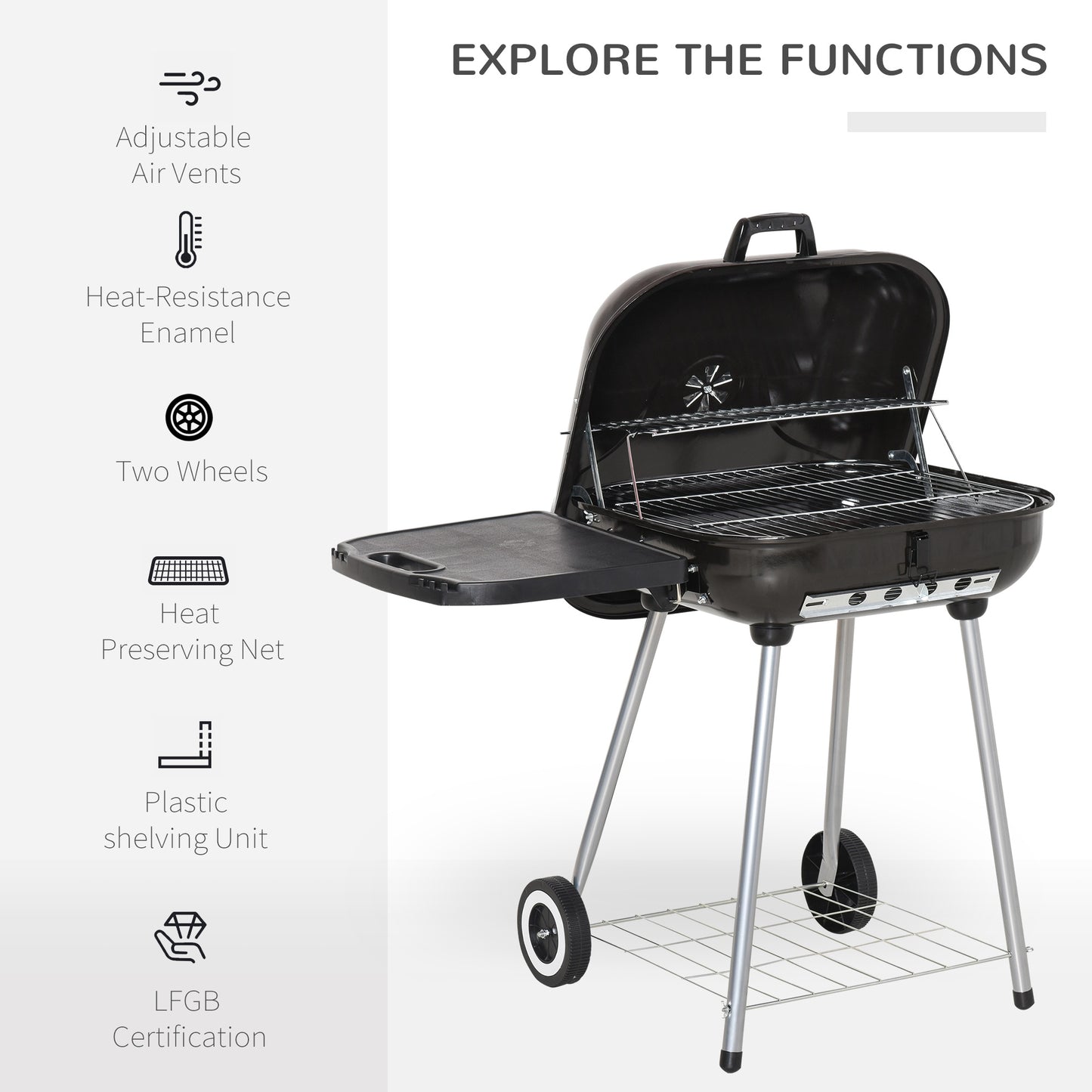 Outsunny Portable Charcoal Grill, 96Lx60Wx83Hcm/62x60Wx82Hcm, Metal-Black