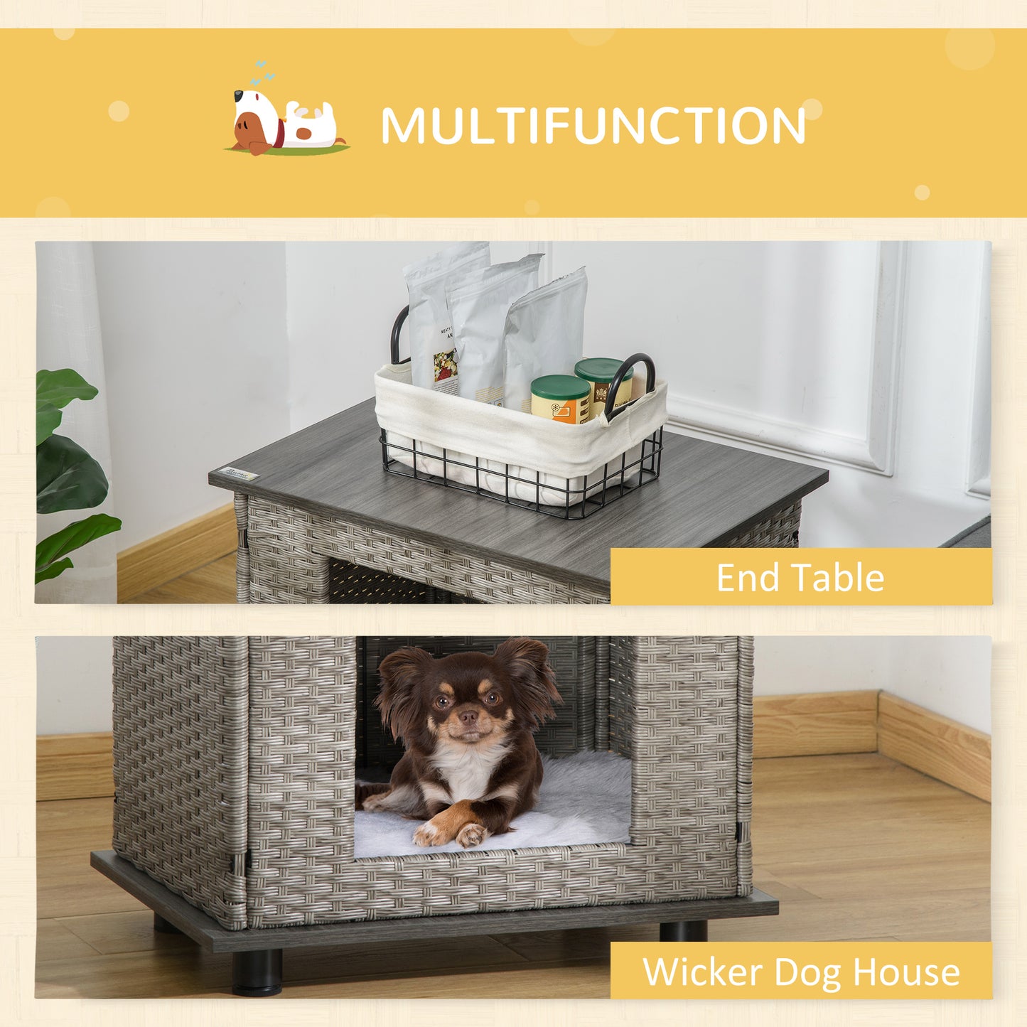 PawHut Wicker Dog House Rattan Pet Bed End Table Furniture with Soft Cushion Adjustable Feet for X-Small Dogs, Grey