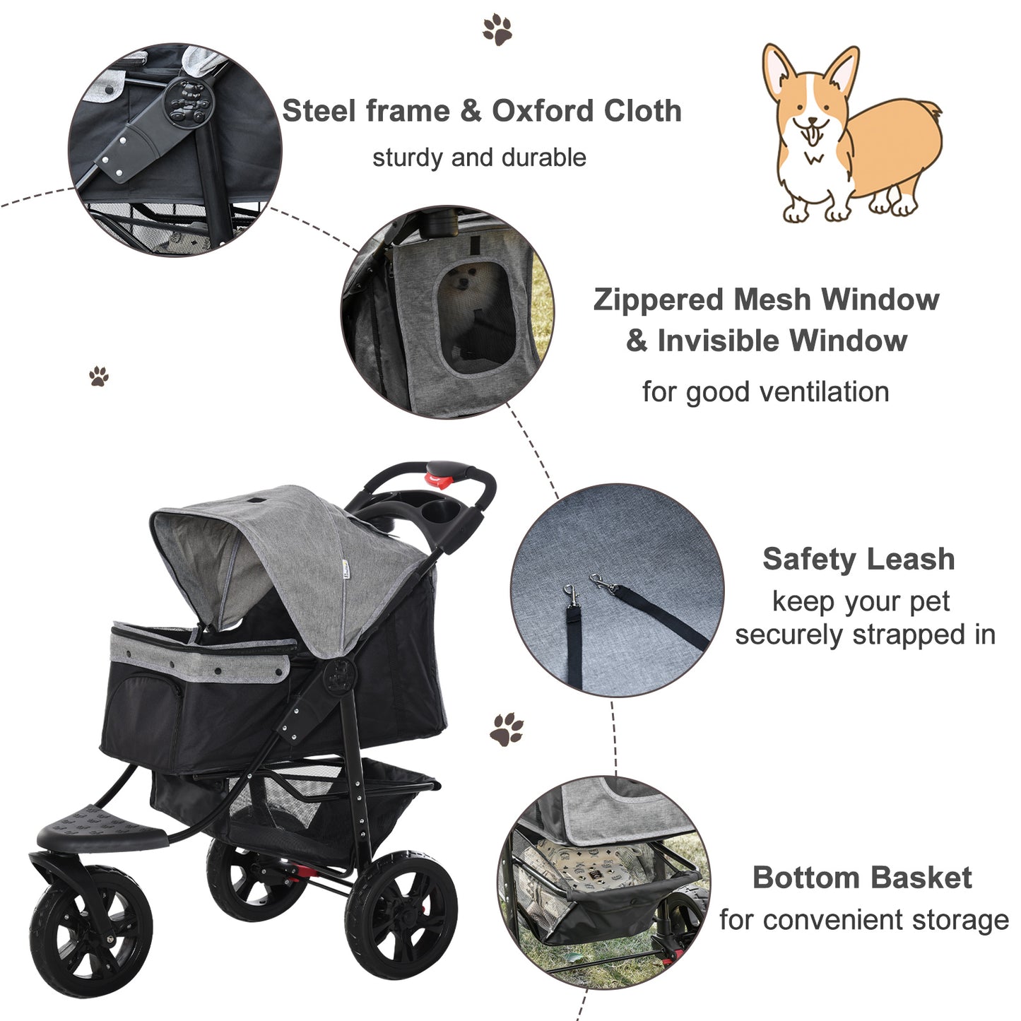 PawHut Folding 3 Wheel Pet Stroller Travel w/ Adjustable Canopy Storage Brake Grey