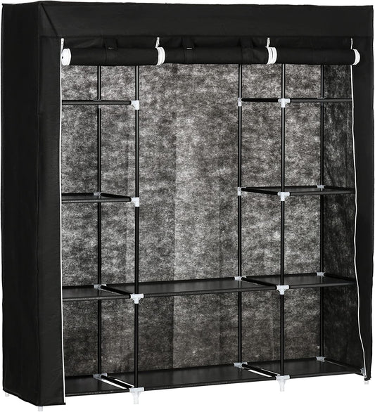 HOMCOM Fabric Wardrobe, Portable Wardrobe with 10 Shelves, 1 Hanging Rail, Foldable Closets, 150 x 43 x 162.5 cm, Black
