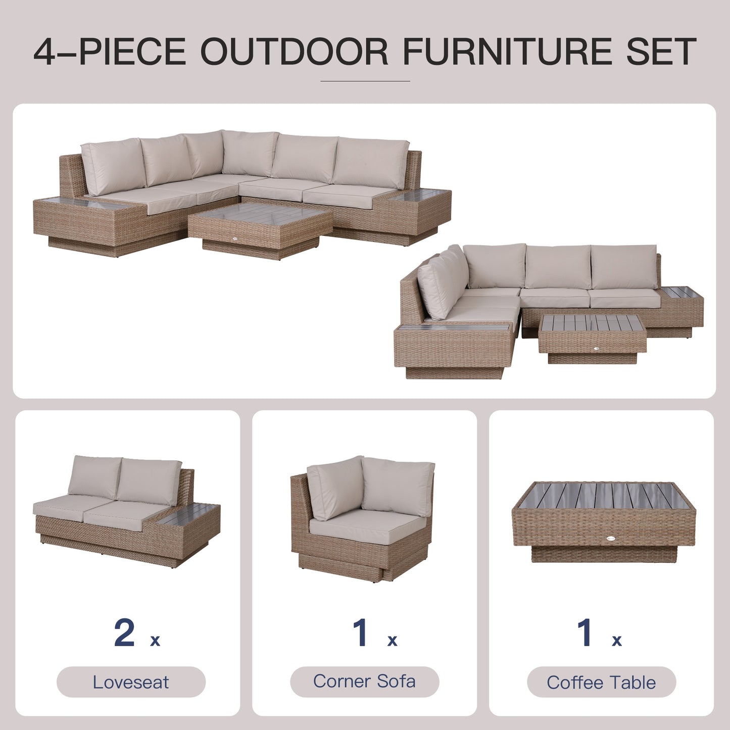 Outsunny 4 Pcs Rattan Sofa Furniture Set W/Cushions-Beige