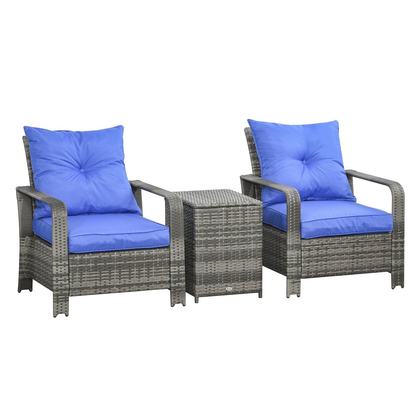 Outsunny 3 Pcs PE Rattan Garden Seating Set w/ 2 Padded Chair Storage Table Blue