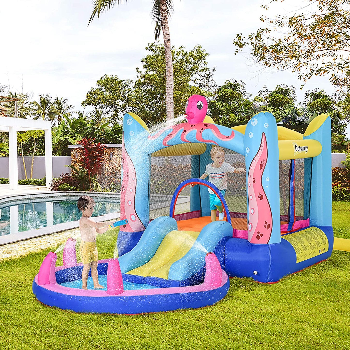 Outsunny Bounce Castle Inflatable Trampoline Slide Pool Octopus Design 3.8 x 2 x 1.8m