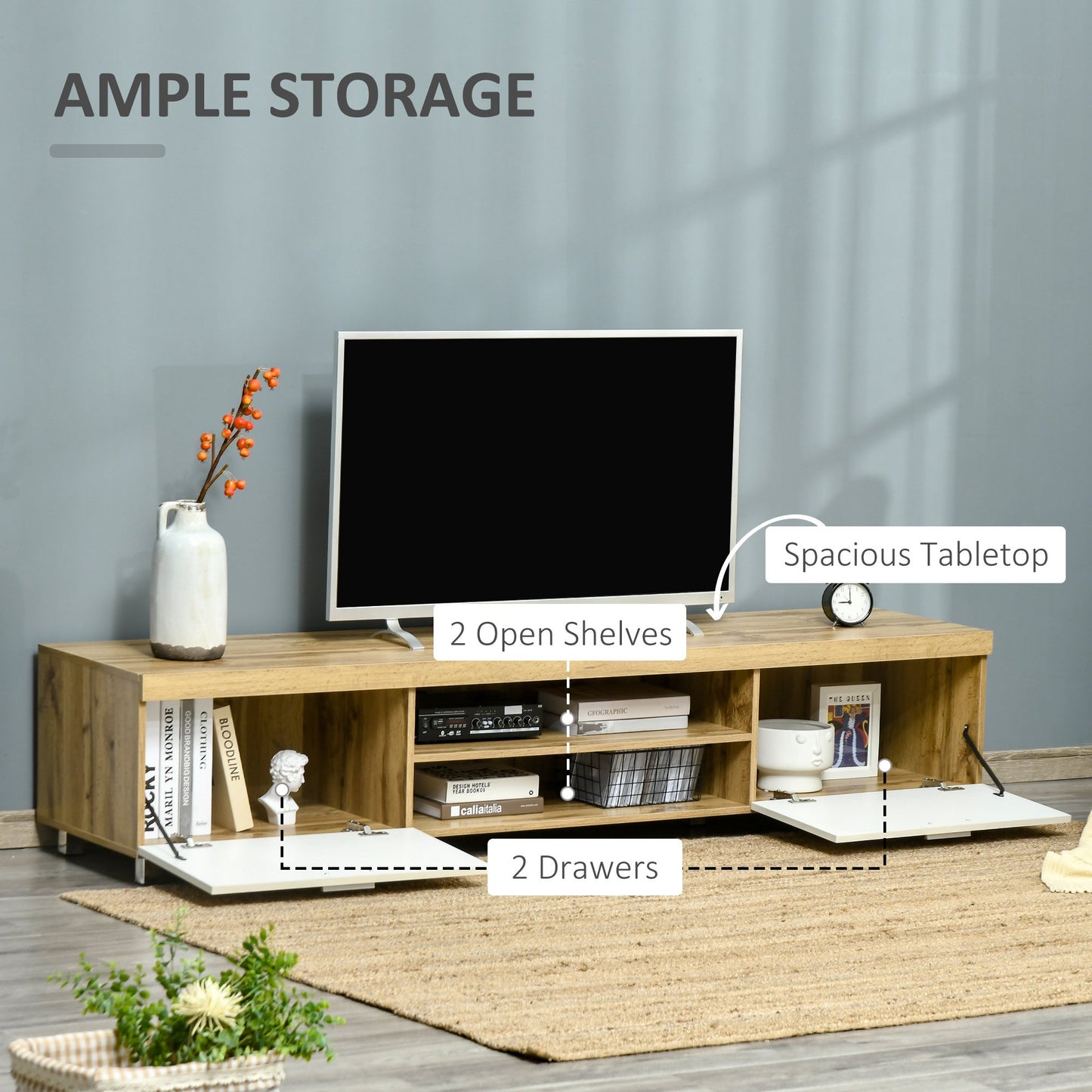 HOMCOM Modern TV Unit TV Cabinet for TVs up to 90" w/ Drawer Shelf for Living Room Oak