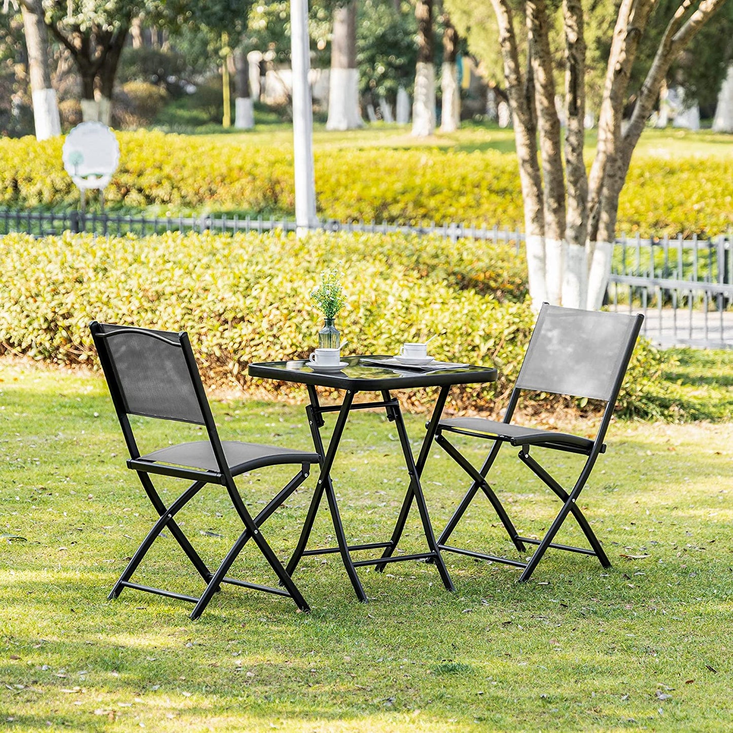 Outsunny 3 Pieces Garden Bistro Set, Folding Patio Table and 2 Chairs, Outdoor Furniture Set for Backyard and Porch, Black