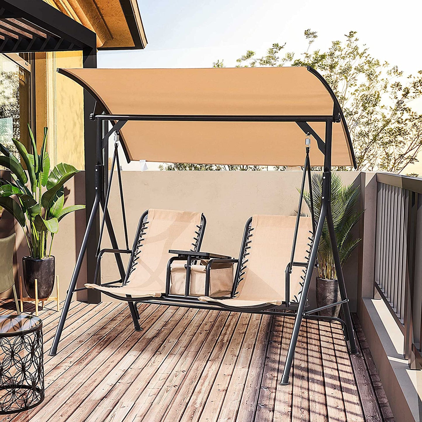 Outsunny 2-Seat Swing Chair Steel Frame Adjustable Canopy Sling Seats w/Middle Table