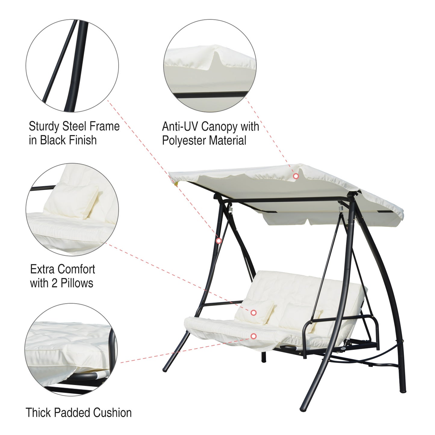 Outsunny 2-in-1 Convertible Swing Chair, 200Lx125Wx170H cm, Steel Frame-Cream White