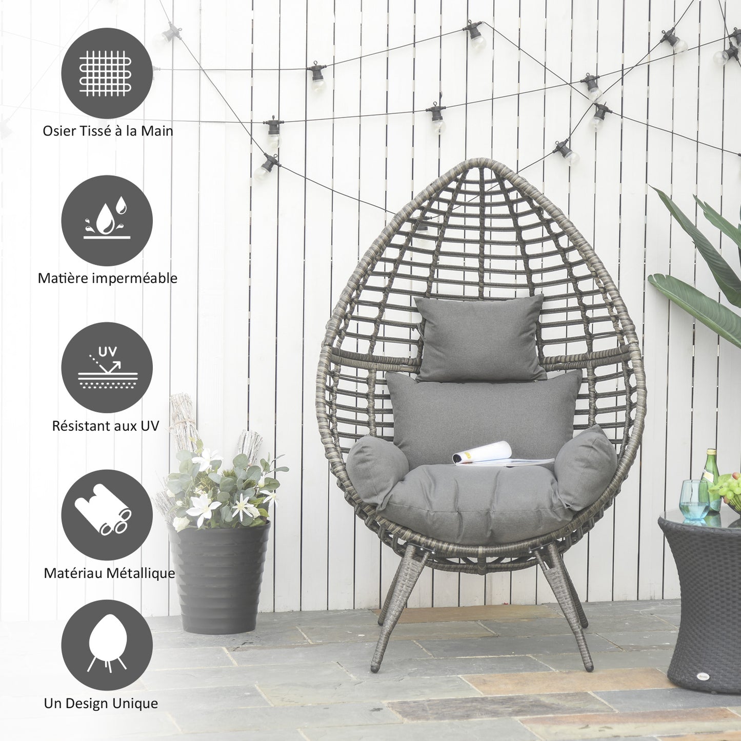 Outsunny eardop PE Wicker Rattan Chair w/ Thick Cushions 4 Legs Outdoor Seat Egg Garden