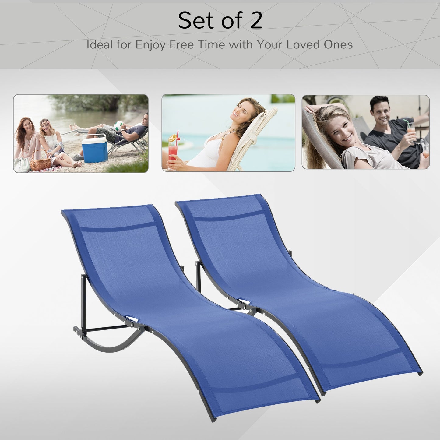 Outsunny Set of 2 S-shaped Lounge Chair Foldable Sleeping Bed 165x61x63cm Navy Blue