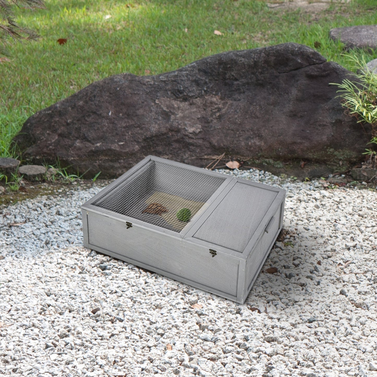 PawHut 94 cm Wood Indoor Outdoor Pet Tortoise House with Two Room Design, Grey