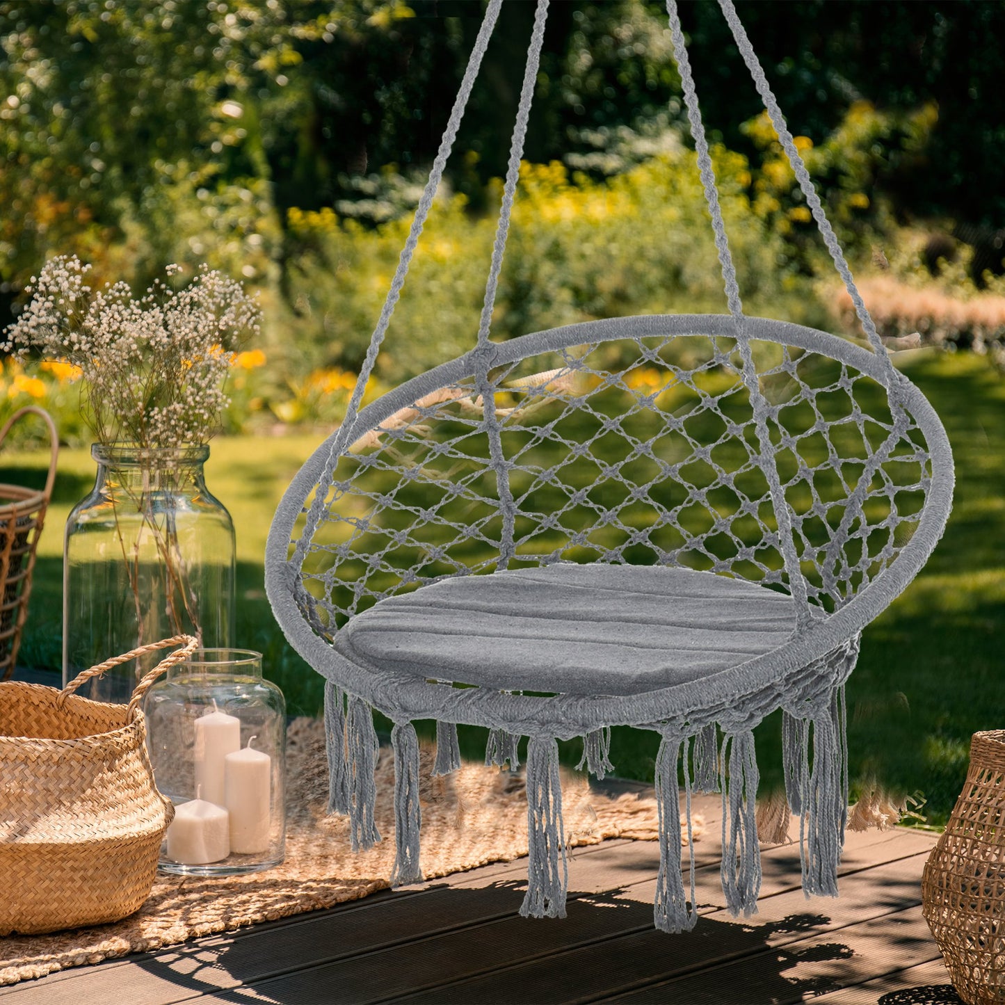 Outsunny Cotton-Polyester Blend Macrame Hanging Chair Swing Hammock with Backrest