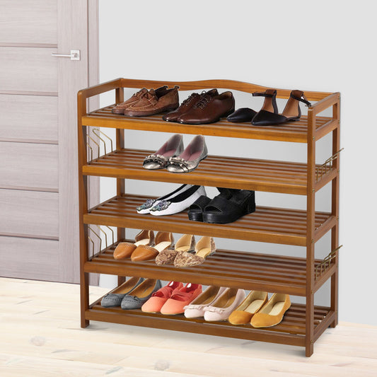 HOMCOM 25 Pairs Shoe Rack Shoe Storage Organiser Shelf W/ Slipper Hanger-Teak Colour