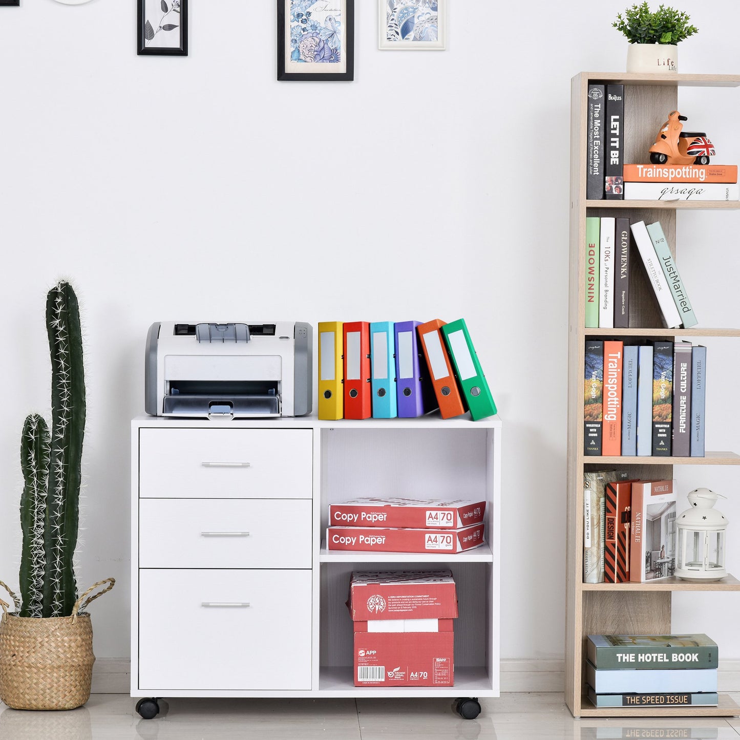 HOMCOM Particle Board Rolling Storage Cabinet White