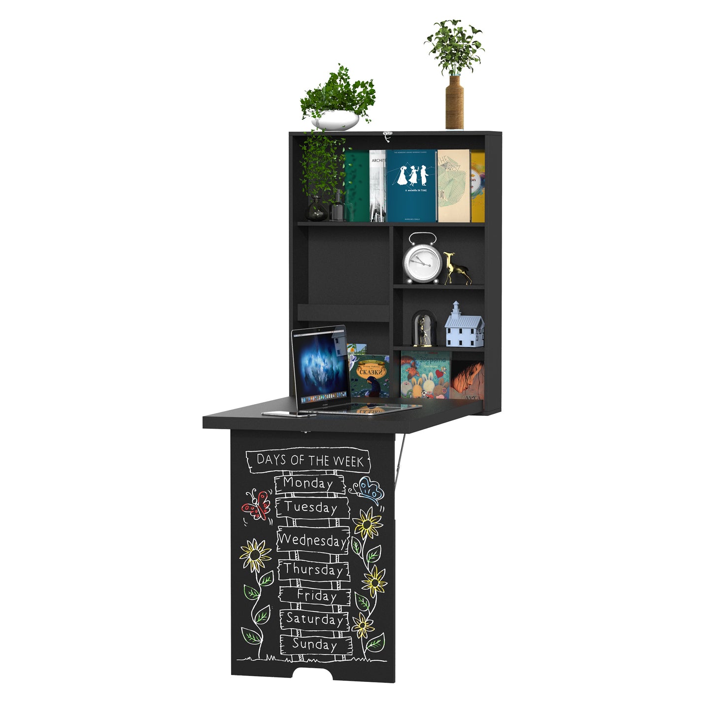 HOMCOM Folding Wall-Mounted w/Chalkbaord Multifunction Shelf-Black