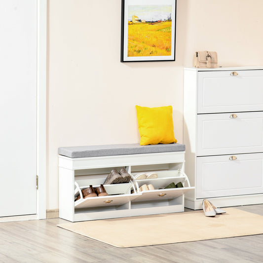 HOMCOM Shoe Storage Bench with Seat Cushion Cabinet Organizer with 2 Drawers White