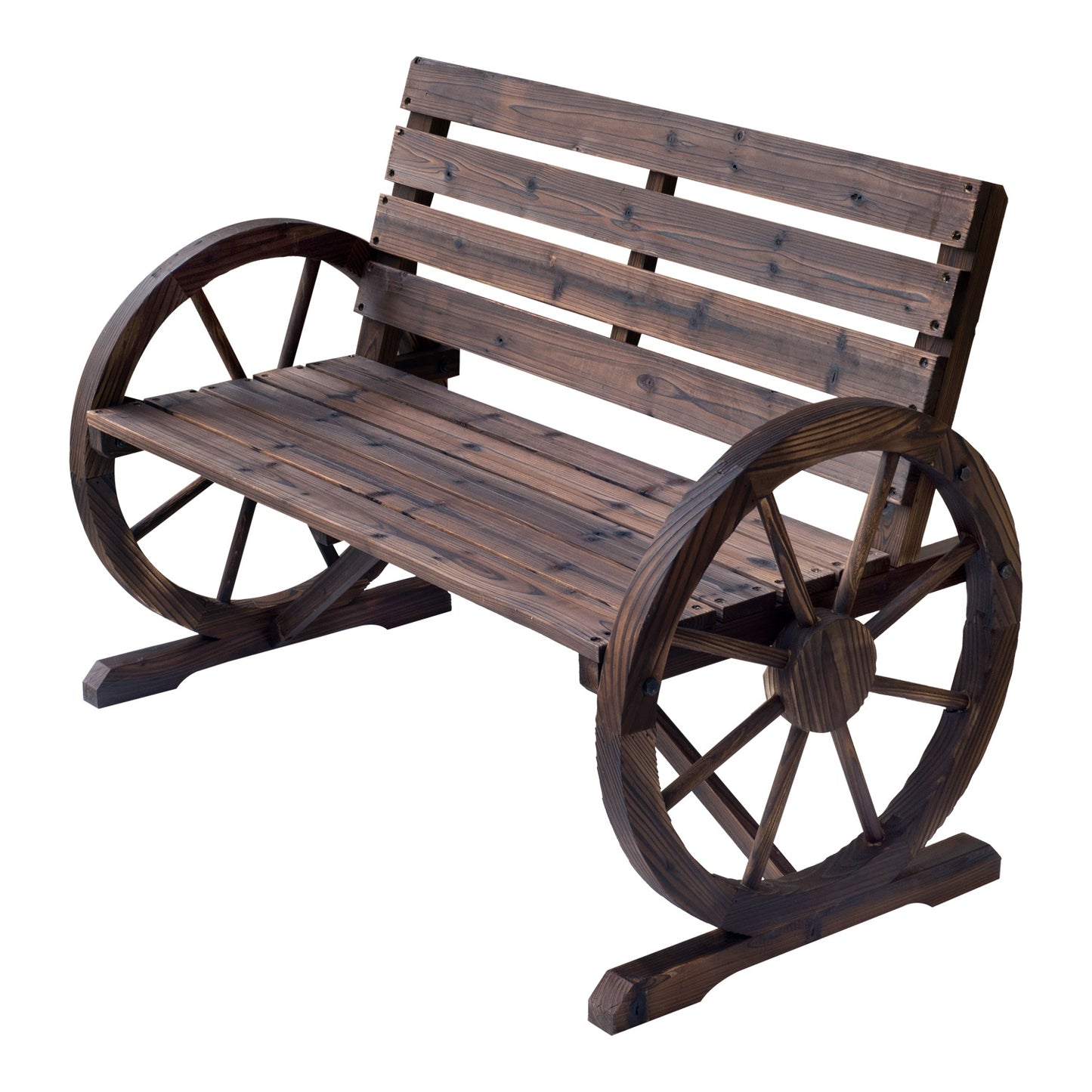 Outsunny Wagon Wheel Chair Bench Armrest Rustic Loveseat Wood Outdoor Garden