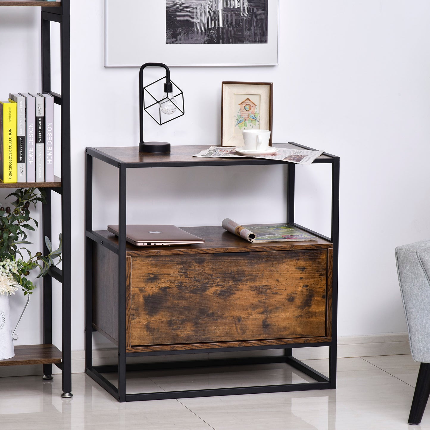 HOMCOM 2 Tier Industrial Style Side Table End Desk Storage Unit with Drawer and Open Shelf