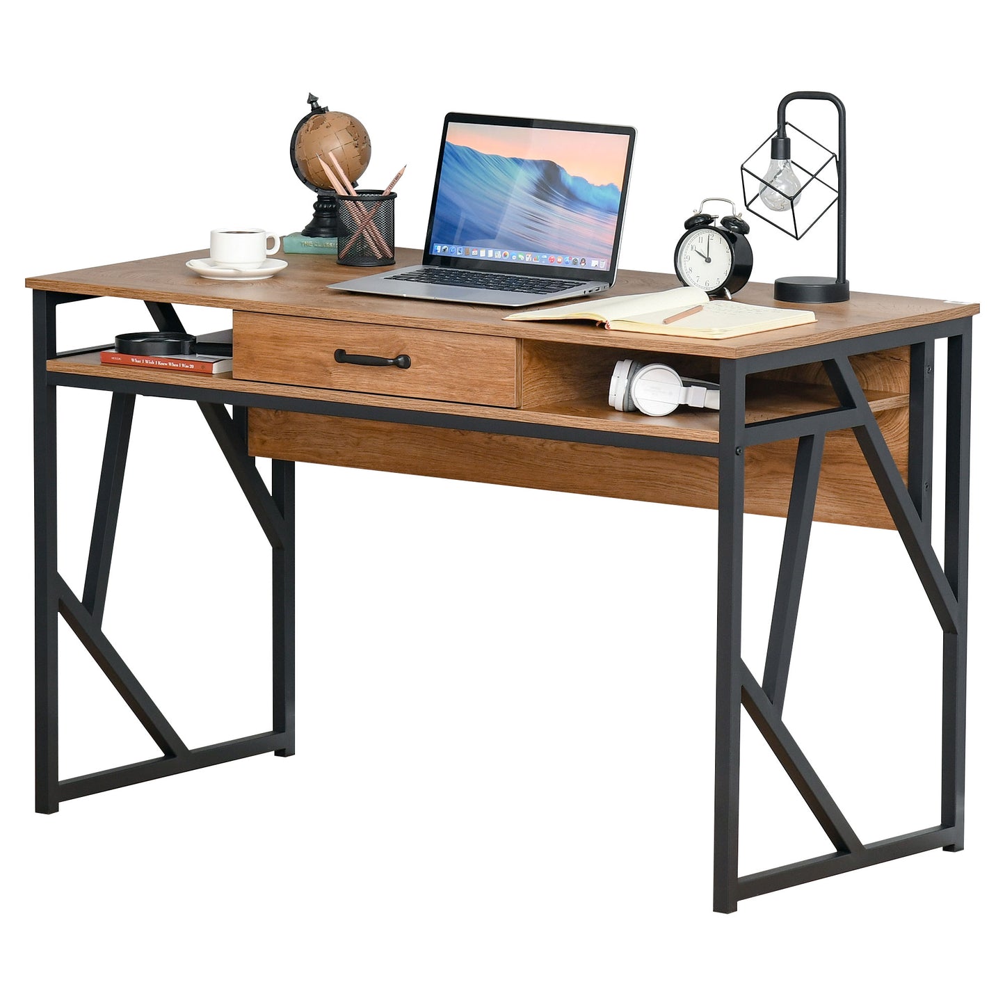 HOMCOM Modern Writing Desk Office Workstation with Storage Shelf Drawer Brown Black