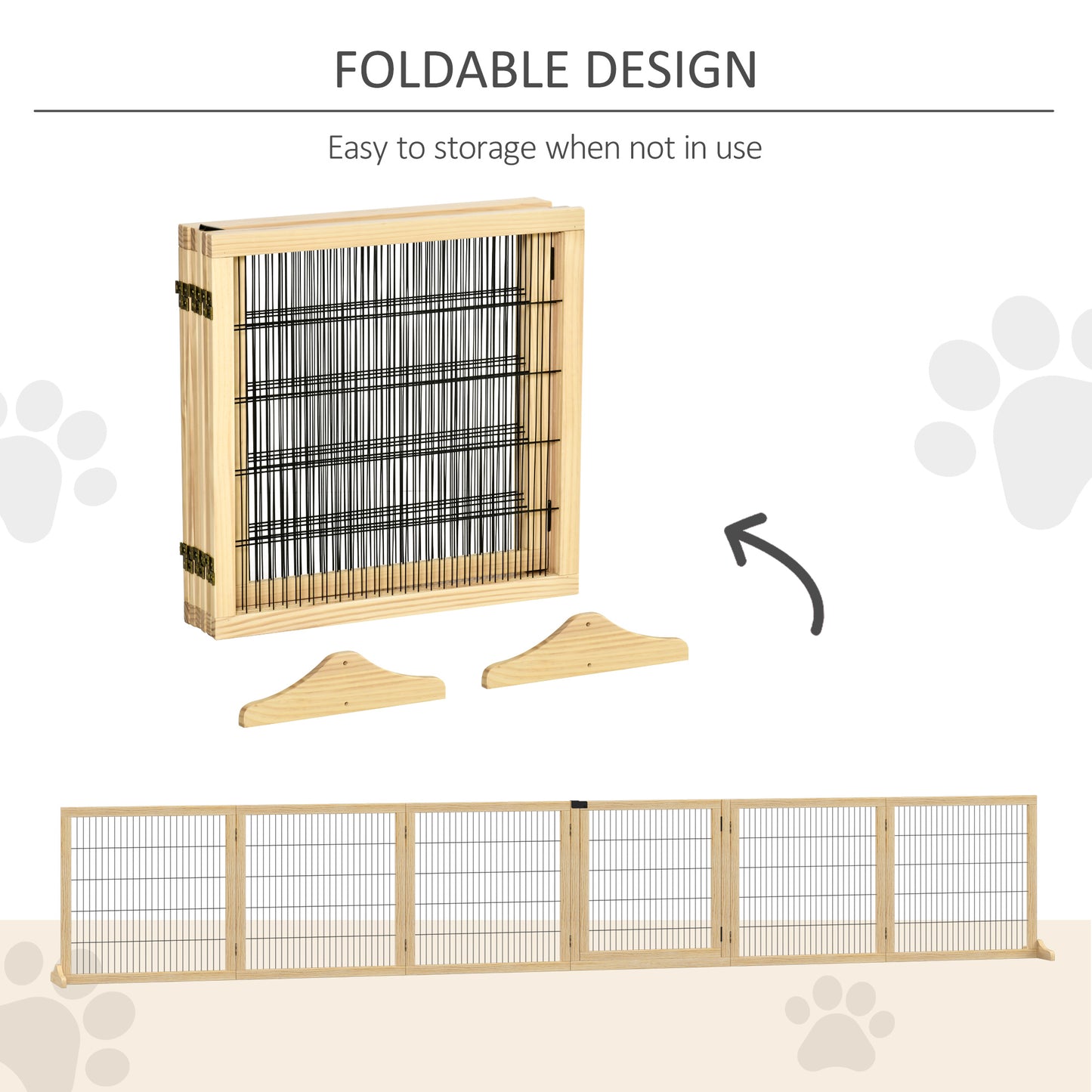 PawHut Wooden Pet Gate Freestanding Dog Safety Barrier with Two Support Feet Natural Tone