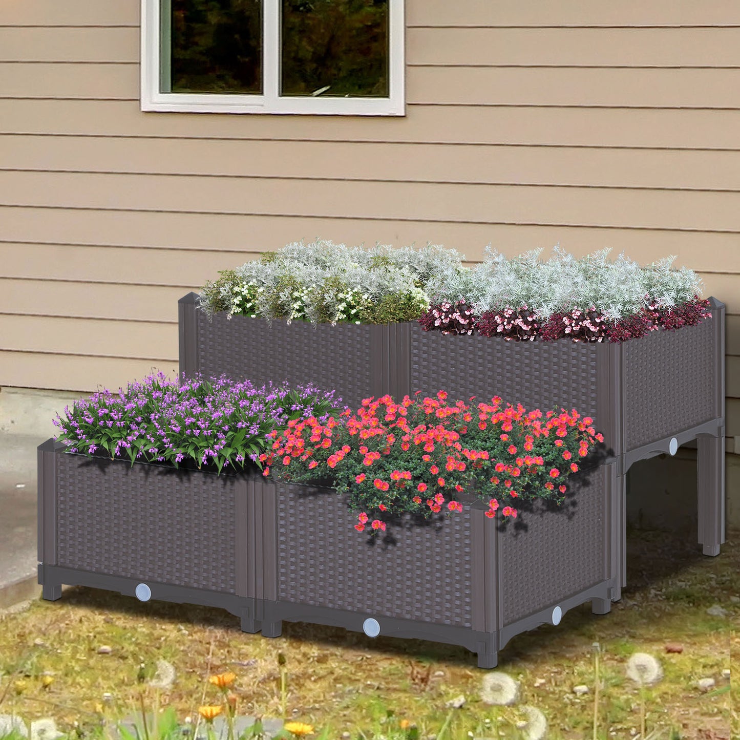 Outsunny PP Set Of 4 Raised Outdoor Garden Planter Box Brown