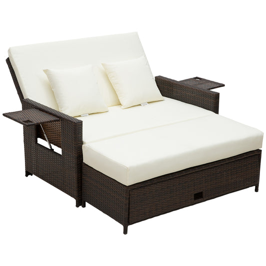 Outsunny Rattan Sun Lounger 2-Seater Day Bed-Brown