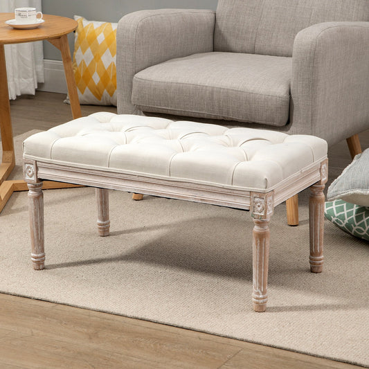 HOMCOM Accent Bench Tufted Upholstered Foot Stool Linen-Touch Fabric Ottoman Beige