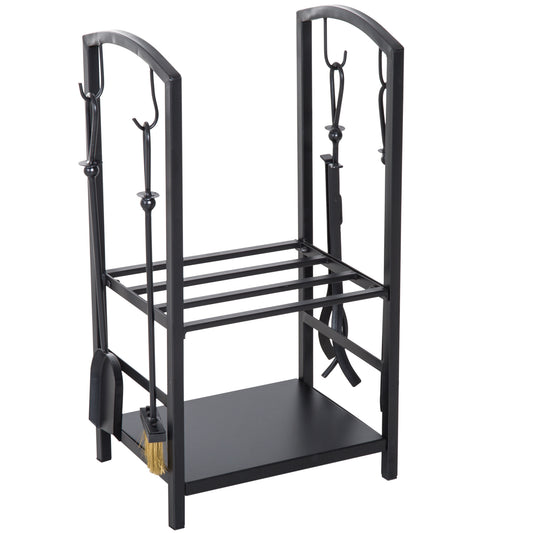 HOMCOM Firewood Log Rack Holder Wood Lumber Storage with Hooks 4 Tools-Black