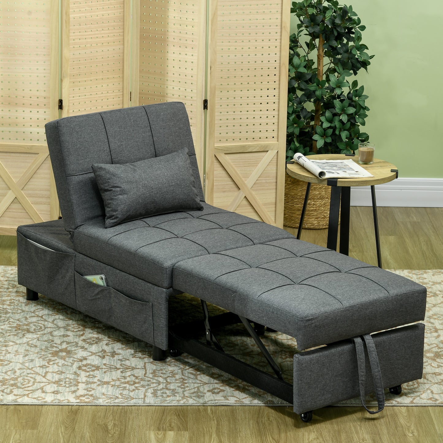 HOMCOM Convertible Chair Bed with Padding Seat 4in1 MultiFunctional Sleeper Chair Bed Recliner with Adjustable Backrest Side Pocket Wheels and Pillow for Living Room Grey