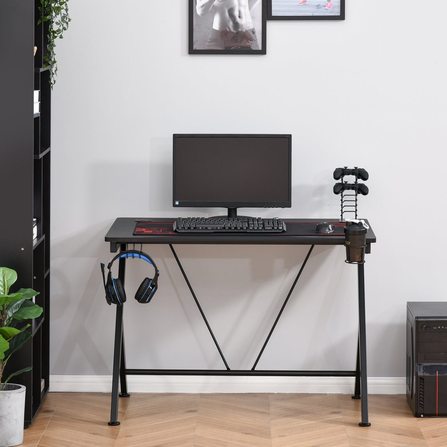 HOMCOM Gaming Desk Computer Table Metal Frame w/ Cup Holder, Headphone Hook, Cable Hole