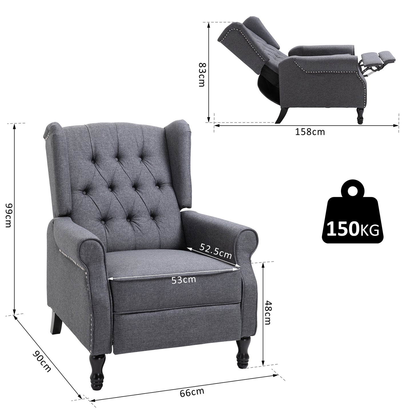 HOMCOM Reclining Wingback Armchair, with Footrest - Dark Grey