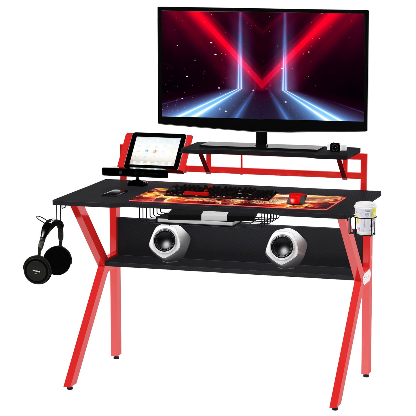HOMCOM MDF Spacious Gaming Desk Workstations for Home and Office w/ Cup Holder Red