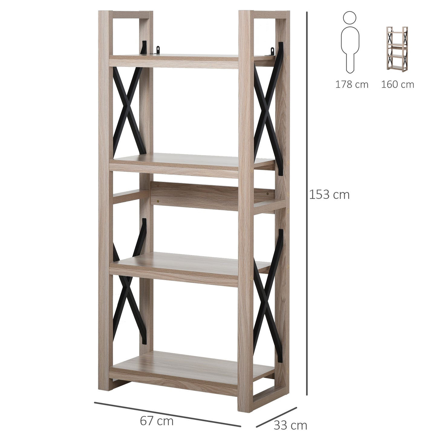 HOMCOM Particle Board Steel Enforced 4-Tier Bookshelf