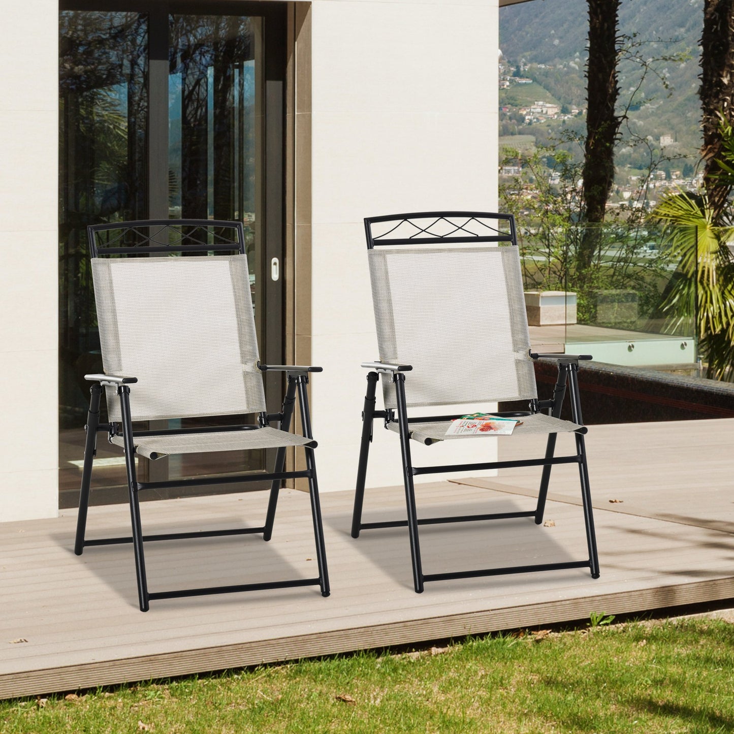 Outsunny Outdoor Chairs Set of 2 Foldable w/ Texteline Fabric for Garden Balcony Poolside