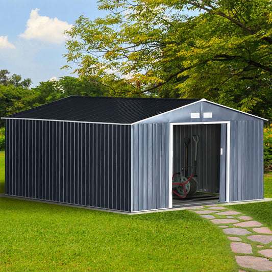 Outsunny 12.5 x 11.1ft Galvanized Steel Garden Shed & Foundation - Grey