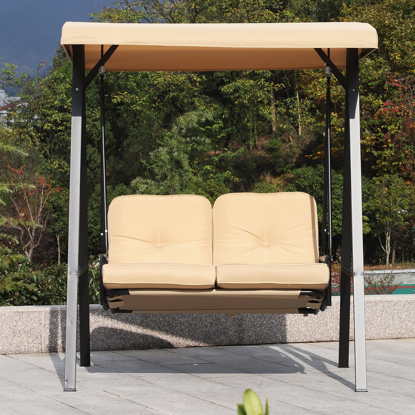 Outsunny 2-Seater Swing Chair Hammock Cushioned Bench Seat-Beige/Black