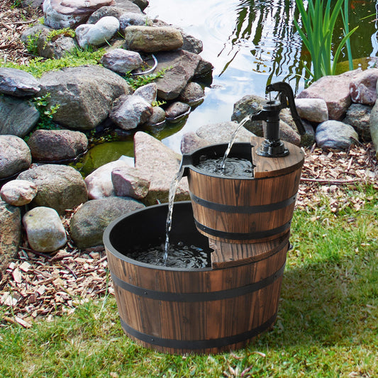 Outsunny Wooden Water Pump Fountain, 2 Tier-Fir Wood/Steel