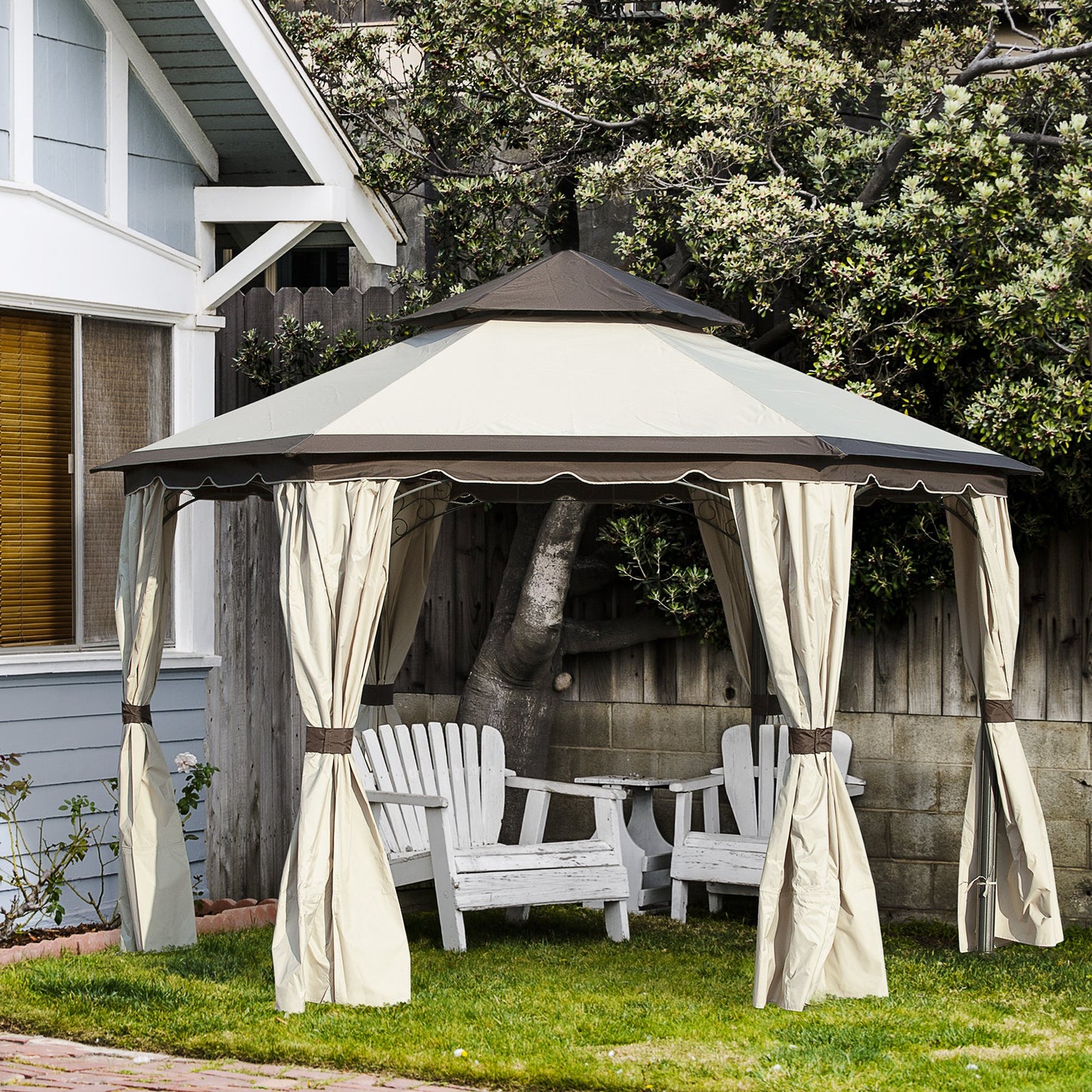 Outsunny 3.4m Steel Gazebo Pavillion for Outdoor with Curtains and 2 Tier Roof