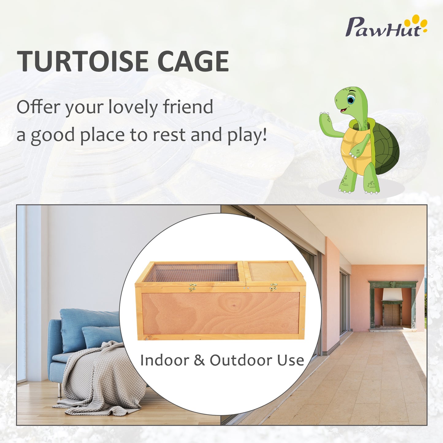 PawHut 94 cm Wood Indoor Outdoor Pet Tortoise House with Two Room Design, Natural