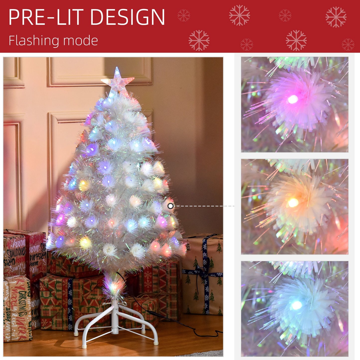 HOMCOM 3FT Prelit Artificial Christmas Tree w/ Fiber Optic, Xmas Decoration, White