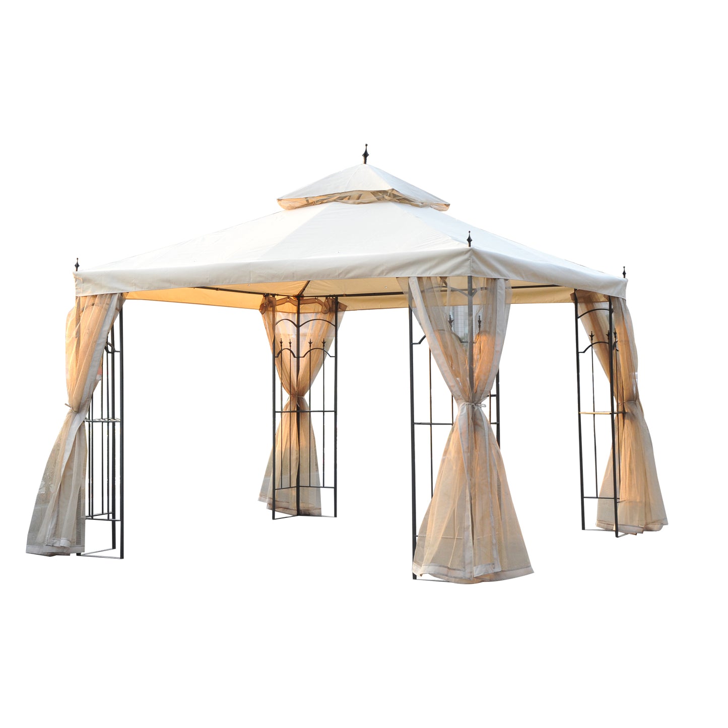 Outsunny 300cmX300cm Garden Gazebo Double Top Gazebo Canopy w/ Mesh Curtain Beige