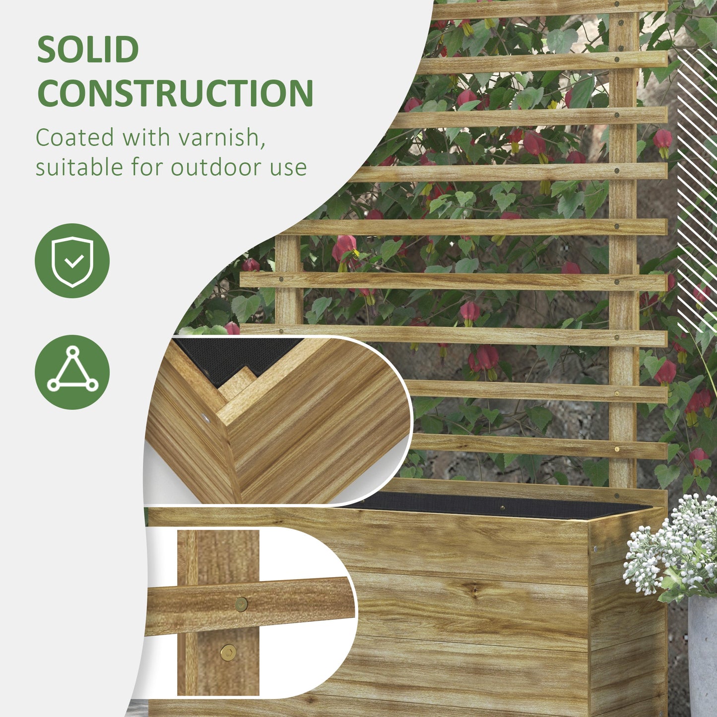Outsunny Wooden Garden Raised Bed with Trellis Planter Box with 4 Wheels for Climbing Plants 76x30x155cm Natural